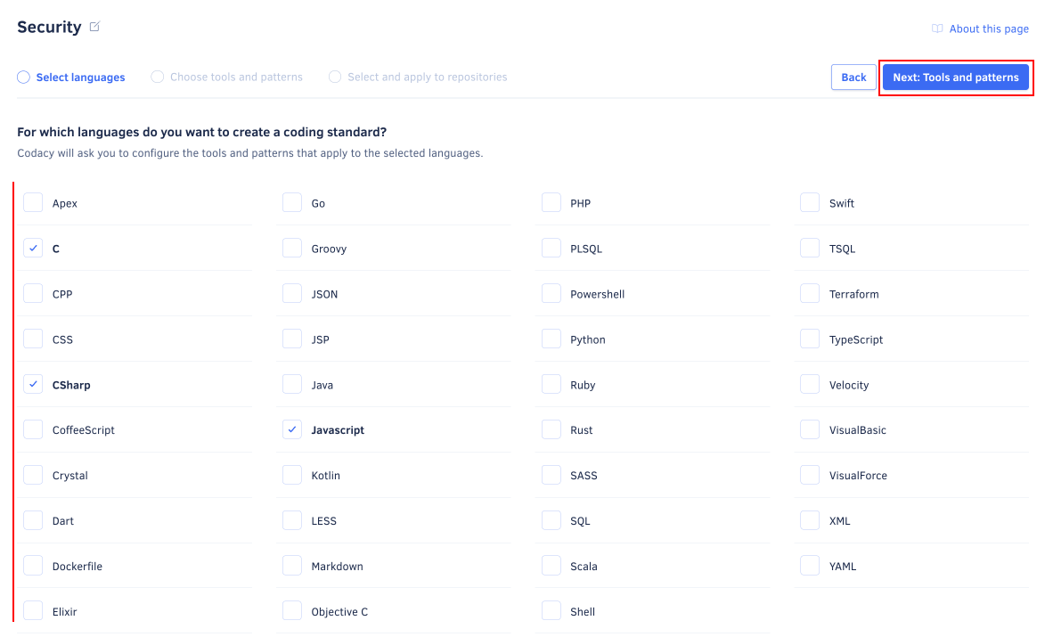 Selecting the languages for the coding standard