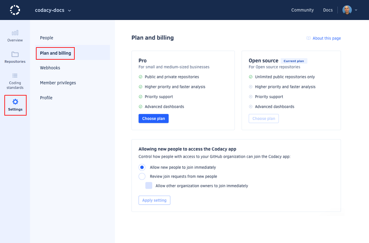 Plan and billing for a Codacy organization